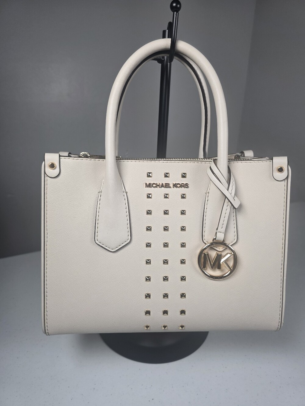 Michael Kors Ivory Saffiano Leather Studded Satchel with Gold MK Charm